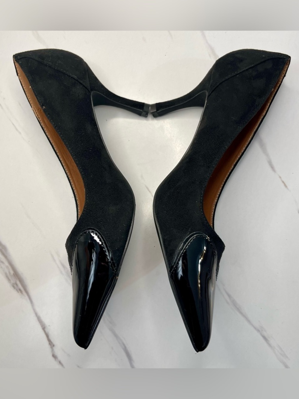Elegant Black Pointed-Toe Suede & Patent Mid-Heel Pumps Size 8.5M - Picture 6 of 13